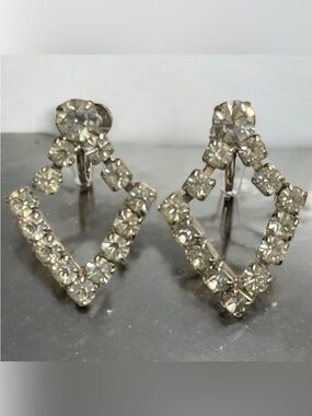 Art Deco Geometric Silver-Tone Rhinestone Screw-Back Drop Earrings